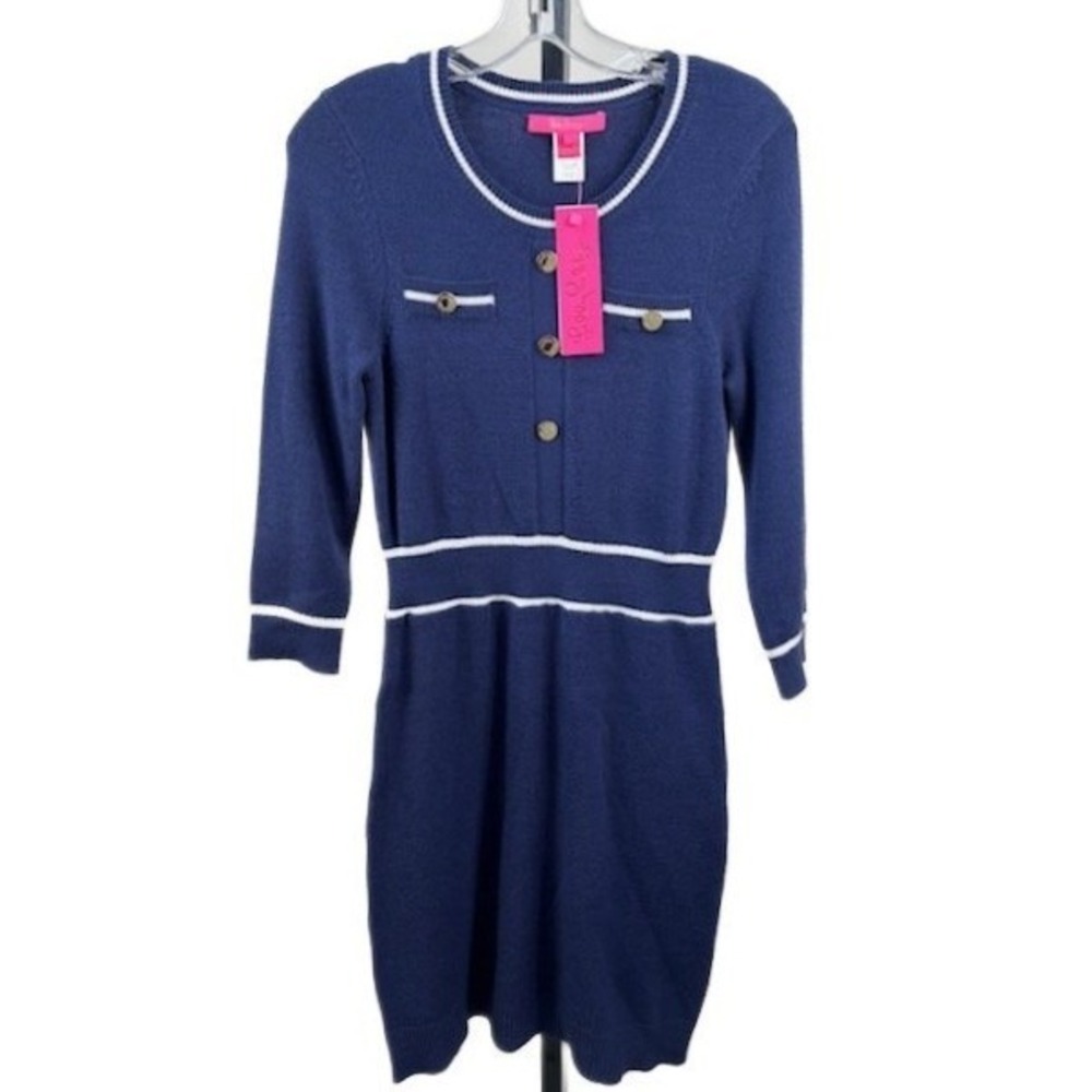 New Lilly Pulitzer Women's Small Low Tide Navy Danley Sweater Dress Gold Buttons